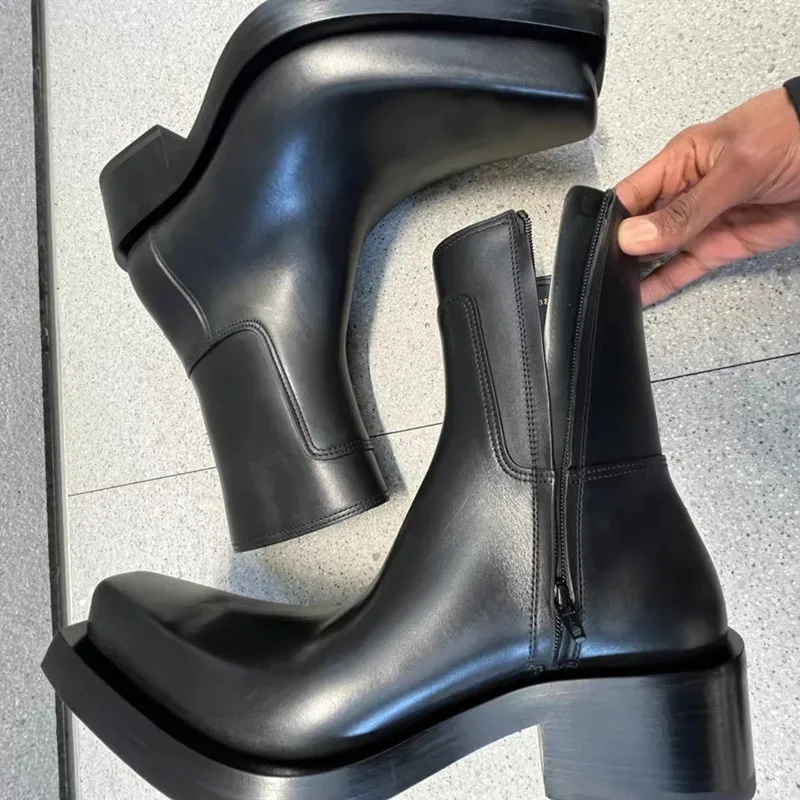 Square Headed Thick Heeled Female Knight Zipper with Dark Thick Soles for with Cigarette Butts, Chelsea Leather Boot Trend
