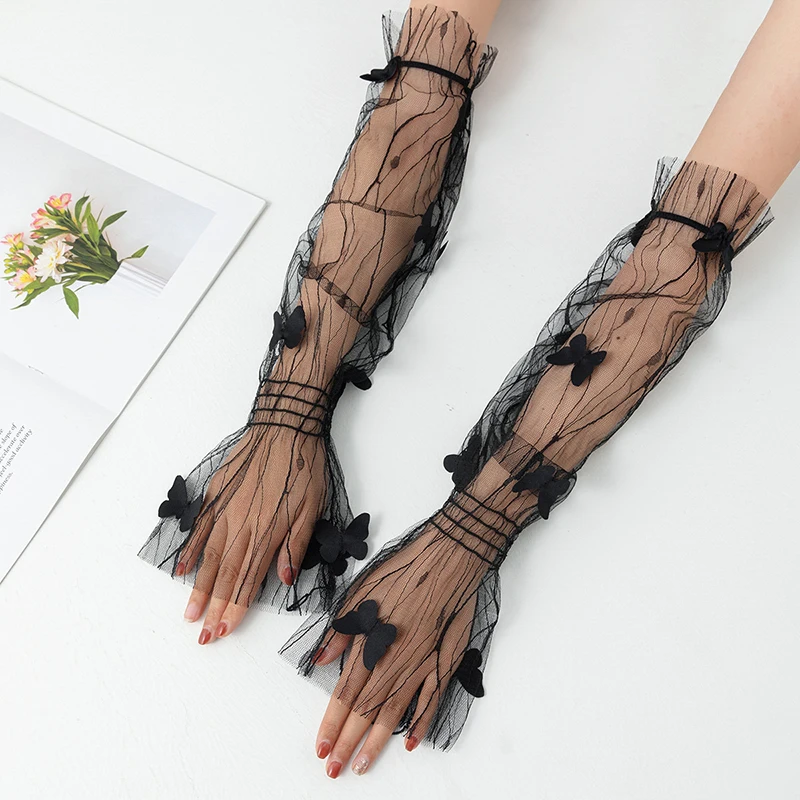 Long Lace Gloves Hollow-Out Fingerless Gloves Women Sun Protection Sleeves Mesh Lace Thin Hand Gym Sunscreen Accessories