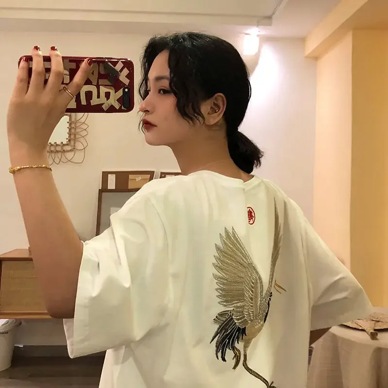 

Pure cotton style loose crane embroidered short sleeved T-shirt for women summer Korean style student short sleeved ins tops y2k