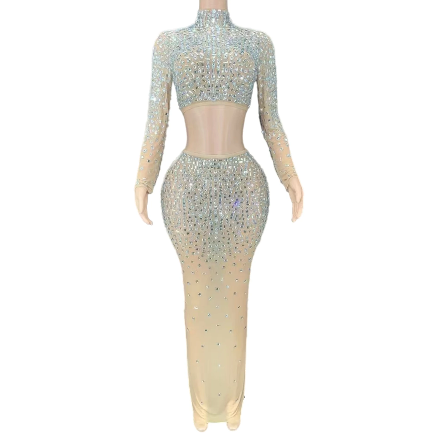 

Women Dress Sexy Transparent Mesh Crystals Chains Party Dresses Birthday Evening Celebrate Rhinestones See Through Costume Women