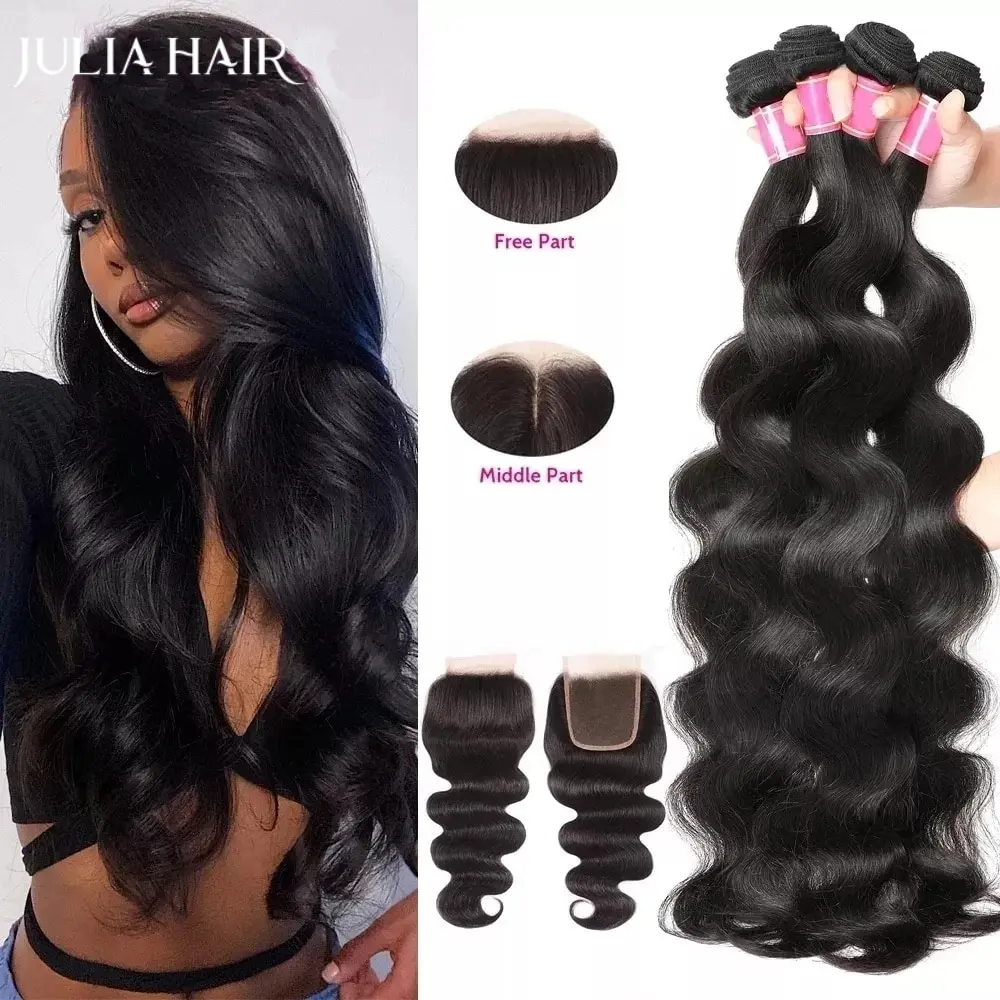 Julia Hair 28 Inch Brazilian Body Wave 3/4 Bundles with Closure Free Part 100% Virgin Human Hair Swiss Lace Closure with Bundles