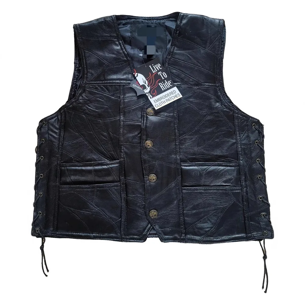 Men's Genuine Leather Vest Motorcycle Riding Jacket Gold Eagle Embroidery Badge Style Biker Vest Streetwear Straight Cut - 2