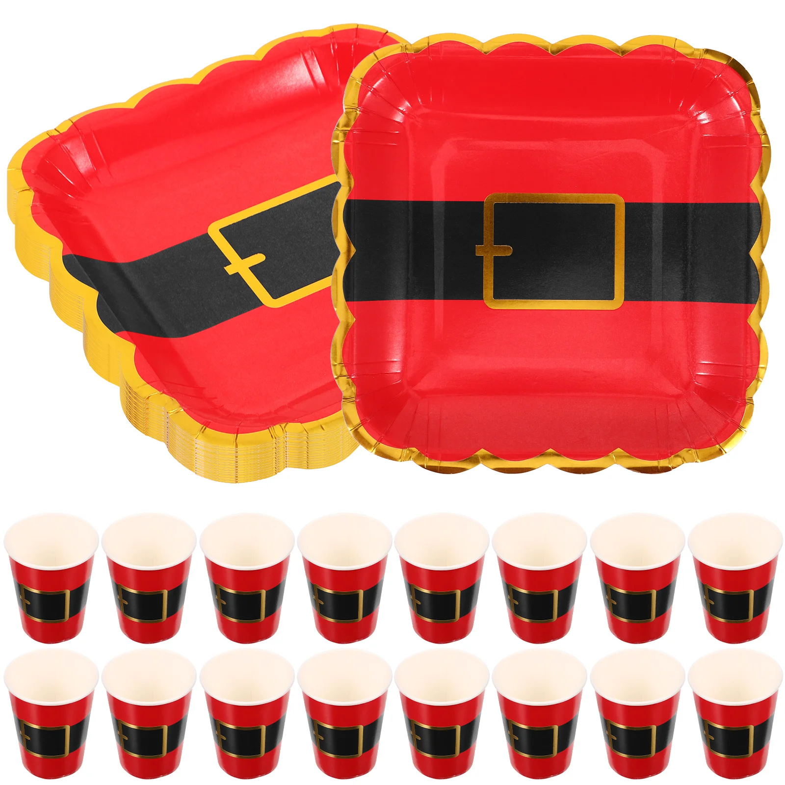 

Christmas Paper Plates and Cups with Santa Claus and Belts Pattern for Xmas Dinner