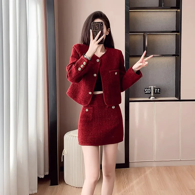 2023-autumn-winter-new-temperament-fashionable-red-suit-salt-system-fashion-short-coat-skirt-two-piece-set-women-high-quality