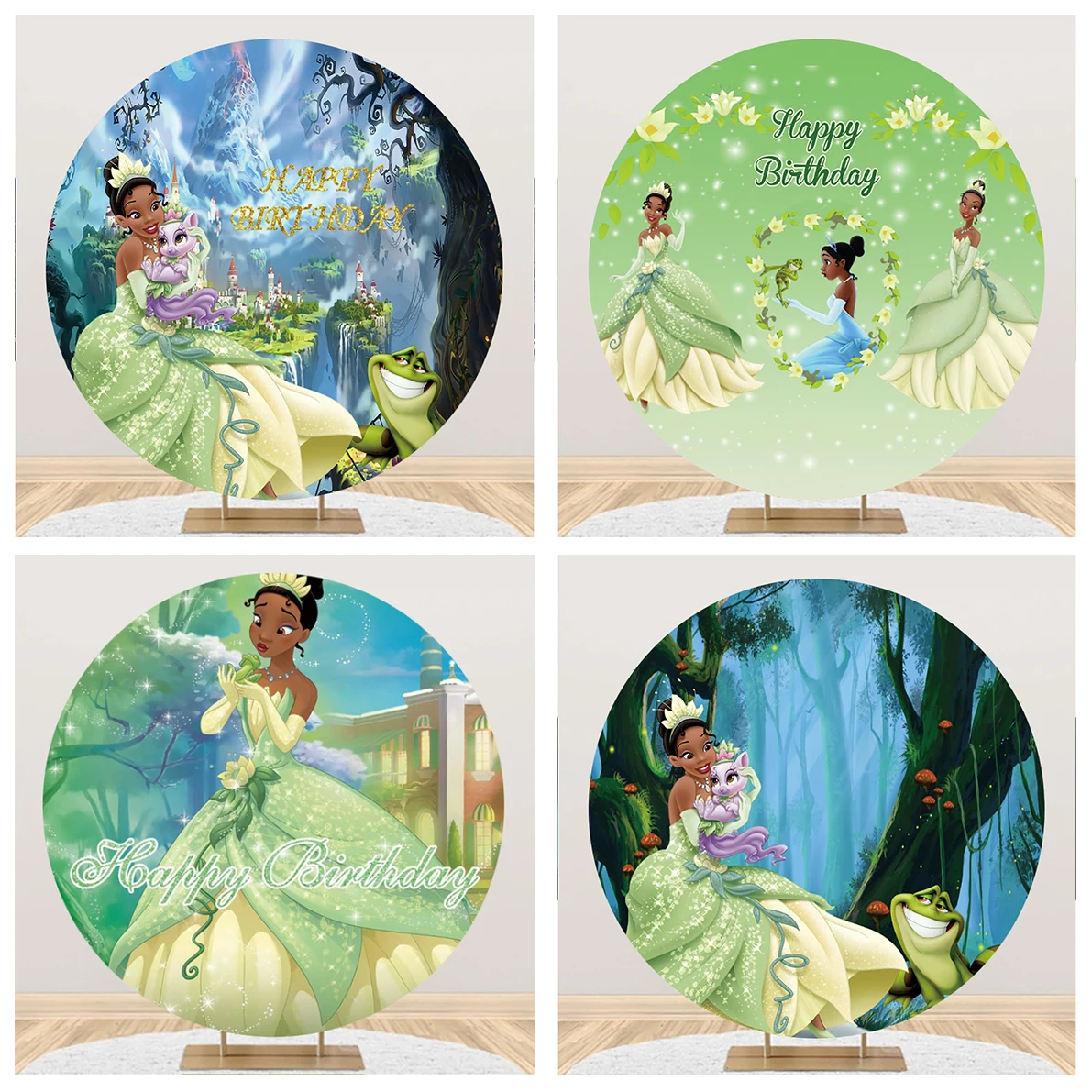 Tiana Princess With Frog Round Circle Bacdrop Fondale Per Ragazza Happy Birthday Decor Candytable Banner Covers