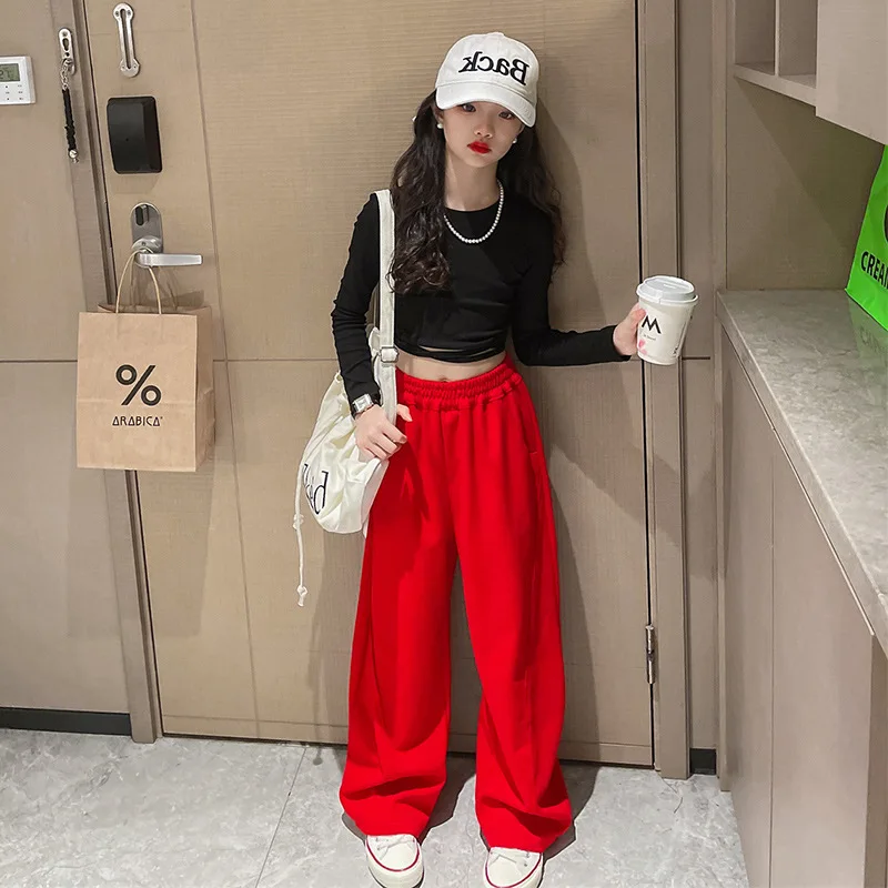 

Kids Girl Jazz Dance Clothing Set Bandage Tops Wide Leg Pants 2 pieces Fashion Girls Outfit 8 10 12 years