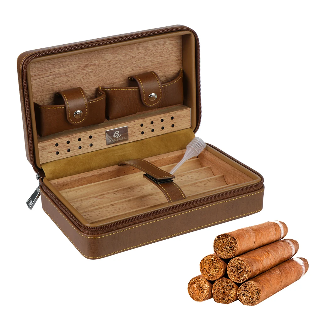 

Humidifier Portable Cedar Wood Cigar Humidor Box Gift For Boy Friend Father PU Leather Cigar Case Storage 4 Cigars Box Humidor