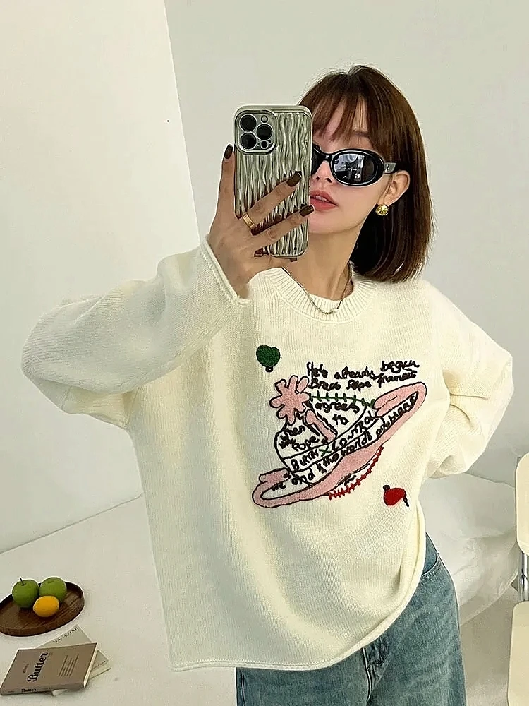 Luxury Brand Design Saturn Knit Embroider Long Sleeves Sweater T-shirt For Women Top Shirt Knitwear Tees Wear Y2k Clothing