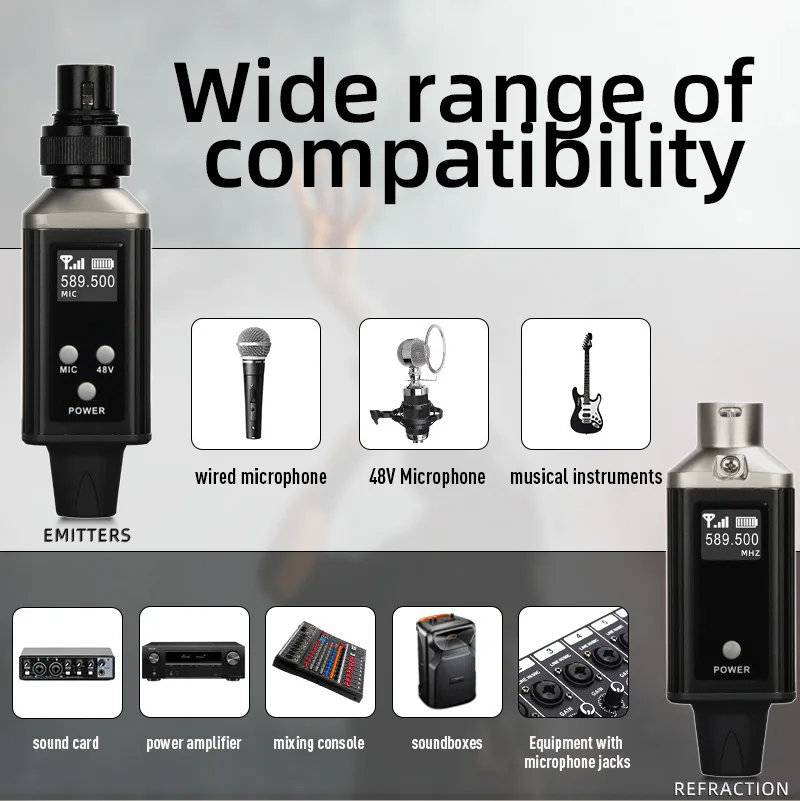 UHF Wireless Microphone System for XLR Mic Adapter 48V Power 16 Channels Audio Transmitter and Receiver Mic