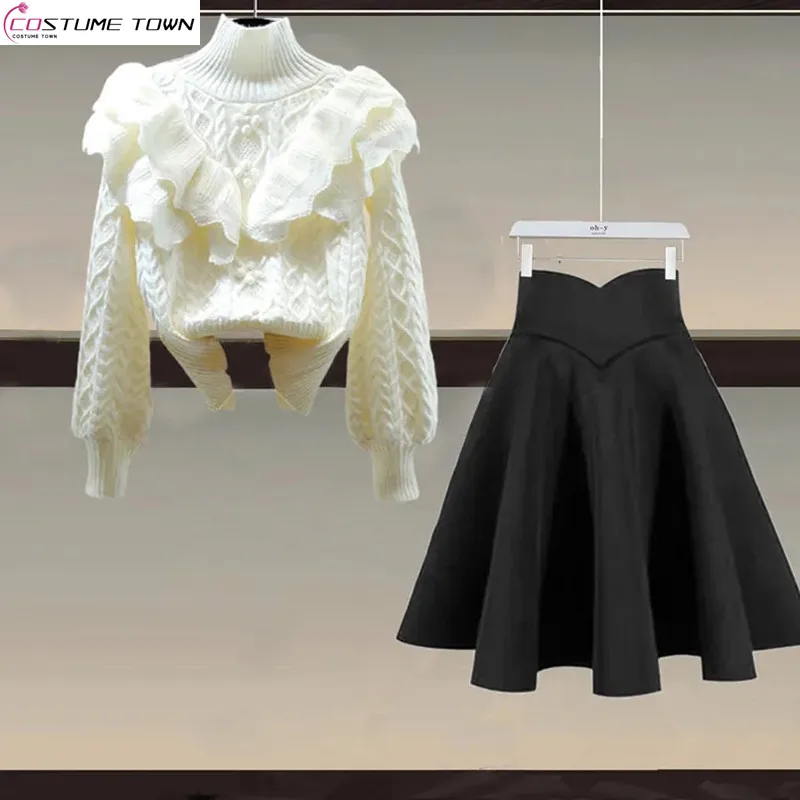

Oversized Women's Autumn and Winter Set 2023 New Fashion Slim Ruffle Edge Knitwear Temperament Skirt Two Piece Set