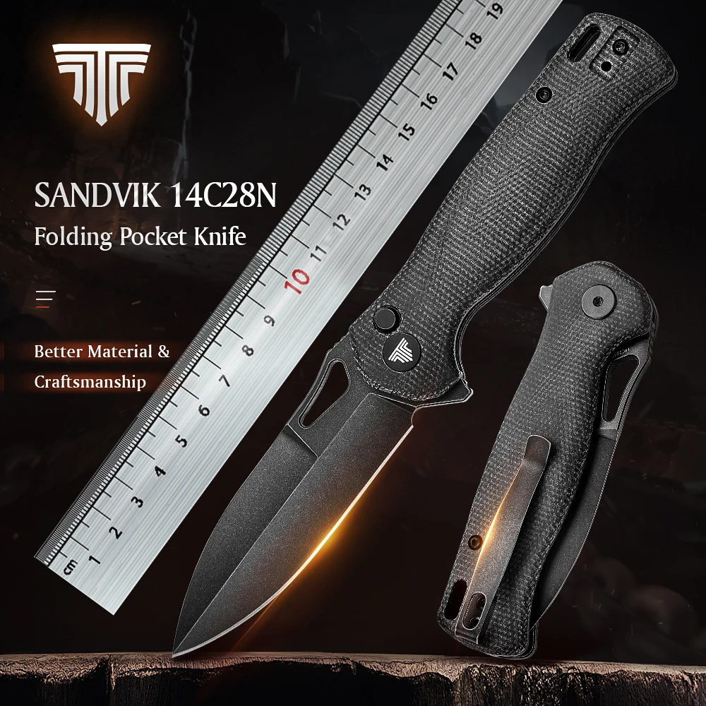 

TRIVISA 3.38" Folding Pocket Knife for Men with Clip,Flipper EDC Knives for Camping Tool, Sandvik 14C28N Steel & Micarta Scales