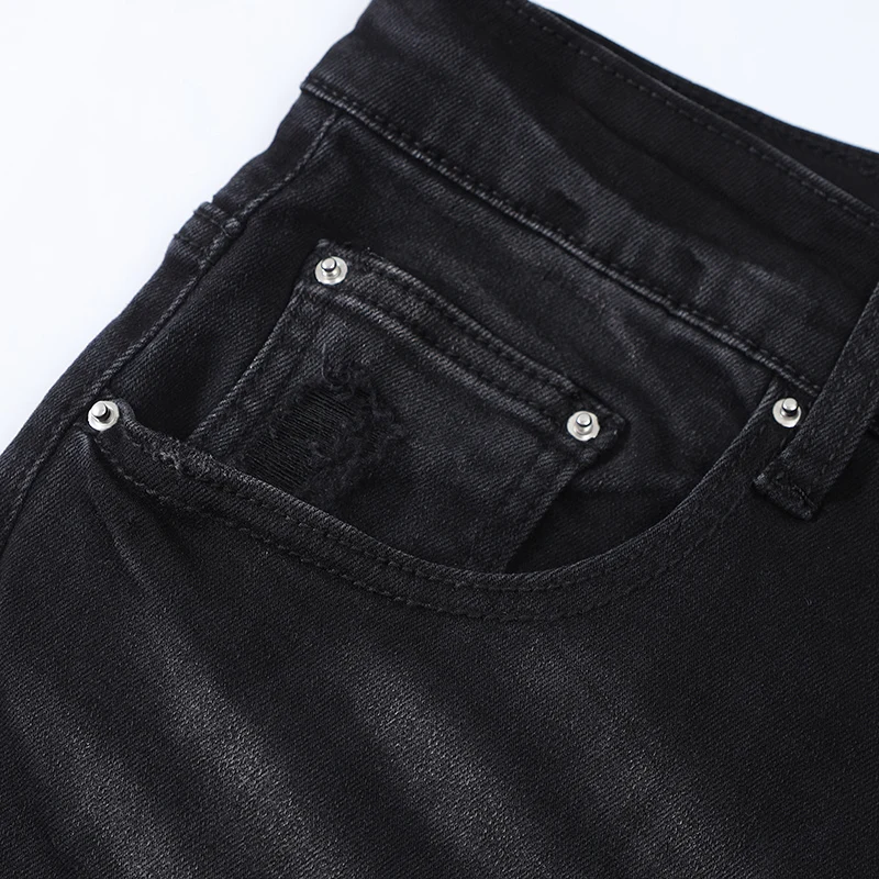 New Street Fashion Men's Elastic Jeans Vintage Black Slim Fit Split Jeans Men's Patch Designer Hip Hop Brand Pants