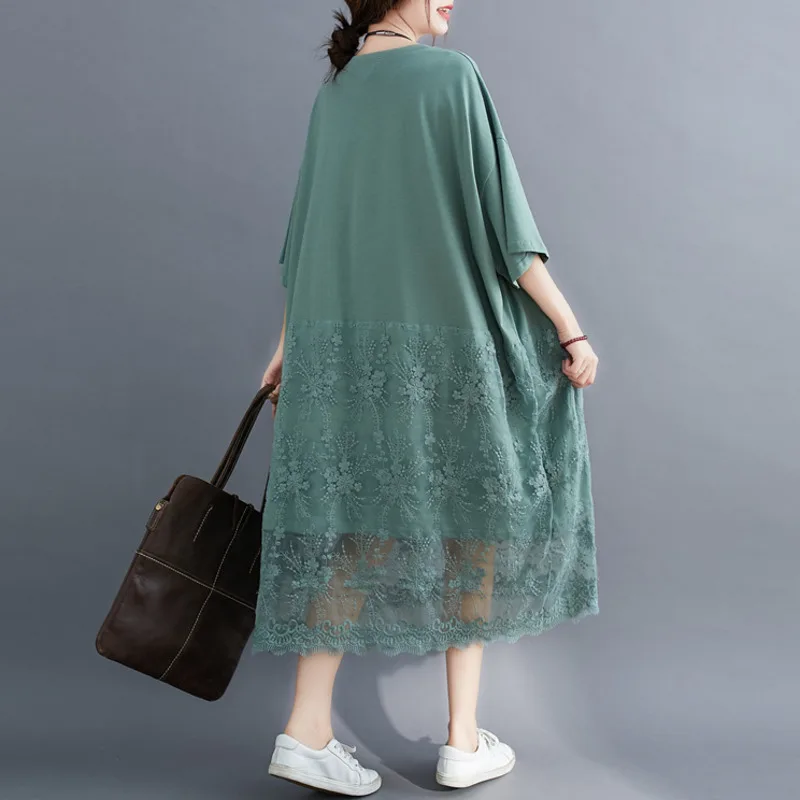 네이비 그레이 가짜 투피스 티셔츠, 원피스 레터 프린트 미디 원피스, 느슨한 코튼 스플릿 조인트 메쉬 레이스 빈티지 드레스, #6166 