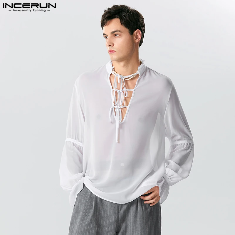 

INCERUN Tops 2023 Handsome New Men's Fashion Tie Solid Shirts Casual Stylish Male Bubble Sleeve Design Long Sleeved Blouse S-5XL