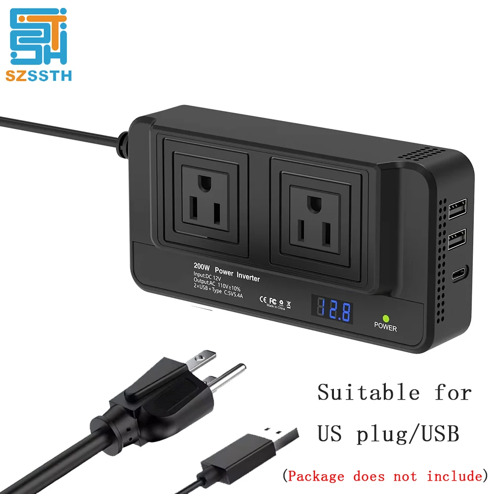 200W Car Power 400W Peak Inverter DC 12V to AC 110V Car Inverter with 2 ...