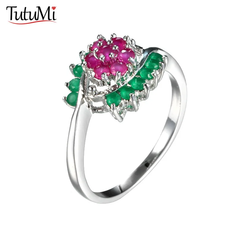 

Women's Jewelry S925 Silver Ring Emerald Red Corundum Frosted Rainbow Color Zircon Pattern Ring Wedding Fine Jewel Gifts