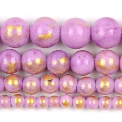 White Red Gold Plated Jade Round Natural Stone Beads for Jewelry Making and DIY Accessories (Purple)