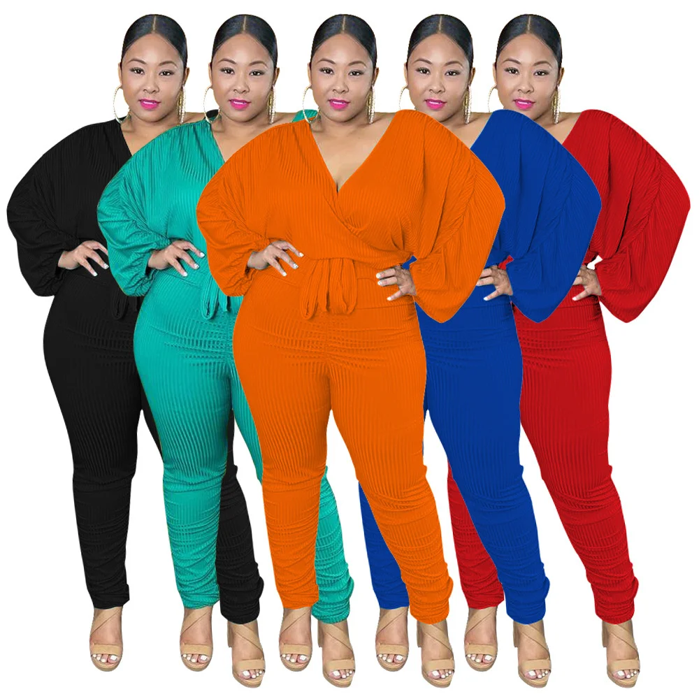 

Women 5XL Jumpsuits Ribbed Solid One Piece Outfit Casual V Neck Lantern Sleeve Belt Jumpsuit 2022 Autumn Pencil Pants