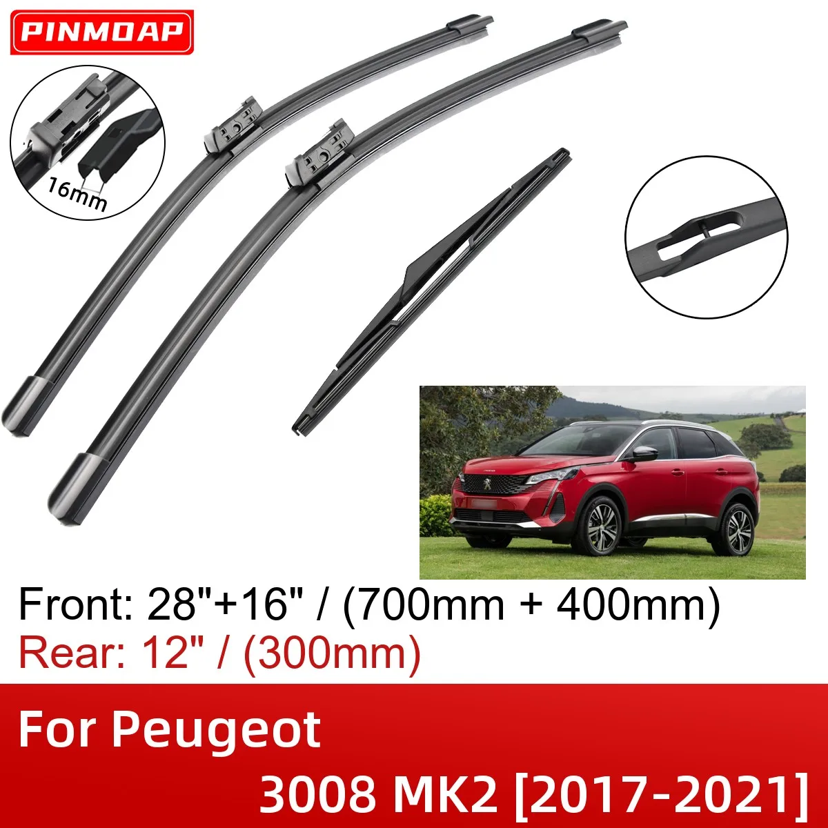 For Peugeot 3008 Mk2 20172021 28"+16"+12" Front Rear Wiper Blades