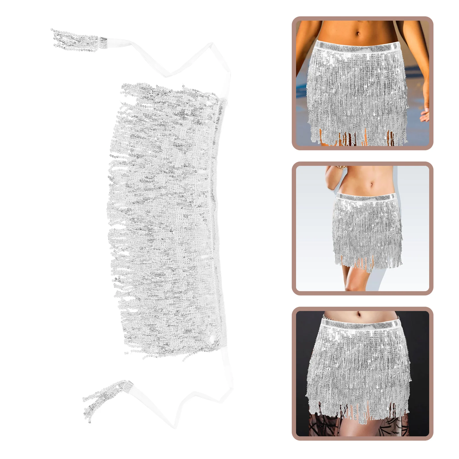 

Colodial Silver Dance Skirt Belly Dancing Costumes Outfit Sequin Hip Scarf Polyester Women
