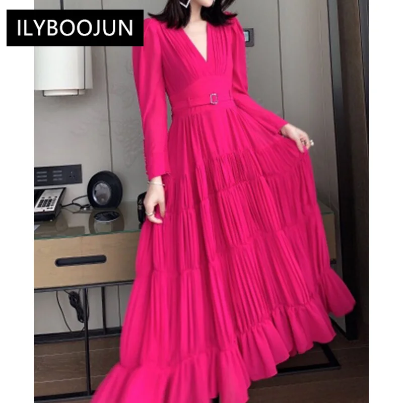 

Dresses For Women 2023 high-end custom fashion dress Women Long sleeve buttons belt Slim fit with pleated Elegant midi dress