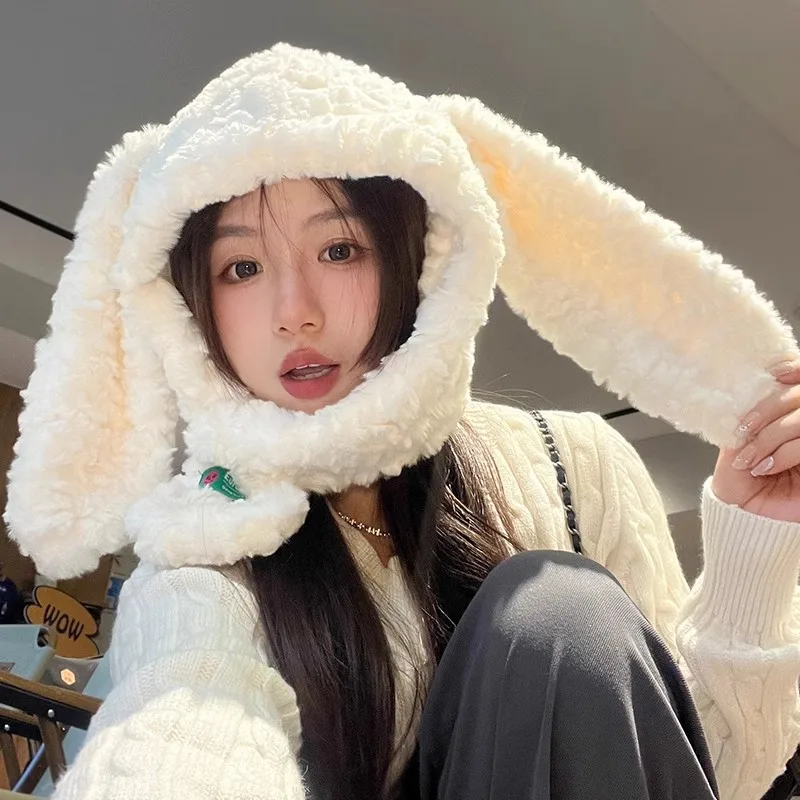 

Ins Cute Rabbit Ears Plush Bomber Hats Women Autumn and Winter Outdoor Riding Warm Ear Protection Korean Casual Men's Caps