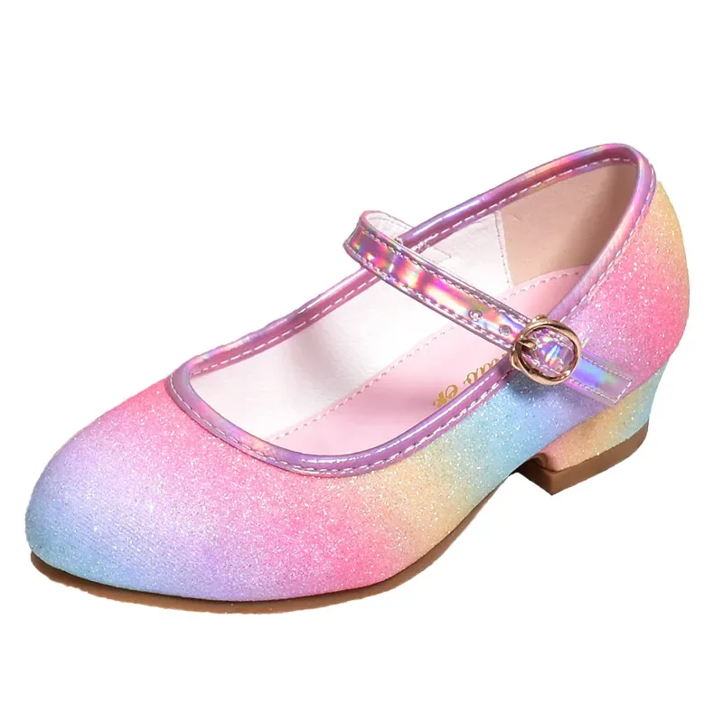 Sapatos princesa com glitter para meninas, Sapatos de couro com lantejoulas arco-íris para crianças, Salto alto para festa de casamento, Sapatos infantis, Moda para primavera e outono