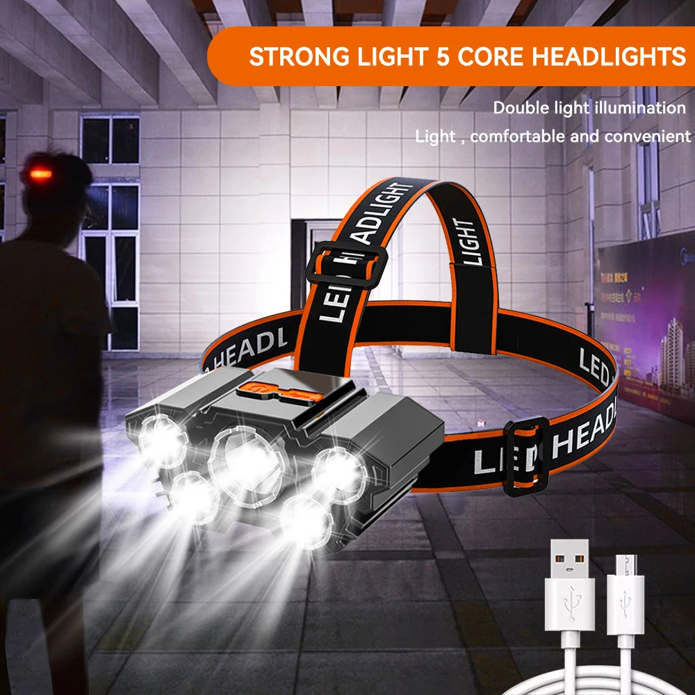 USB Rechargeable LED Headlamp, 5 Lamp Beads, 4 Modes, Built-in Rechargeable Lithium Battery, Lightweight Design Headlight, Elast