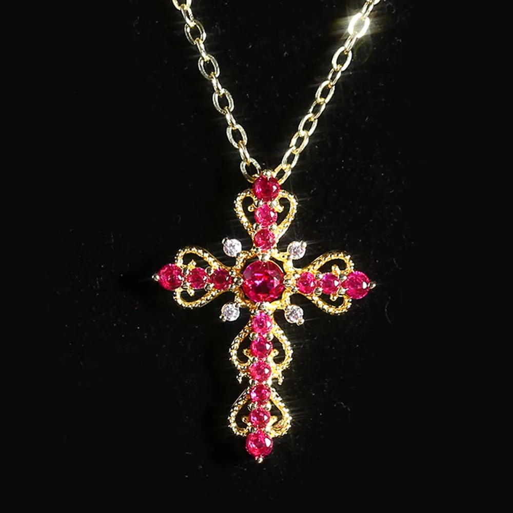 [ROMANTIC CROWN]★25SS★韓国人気★NEO GOTHIC CROSS L/S Neo-Gothic Pink Cross Necklace Purple Zircon Exquisite Y2k