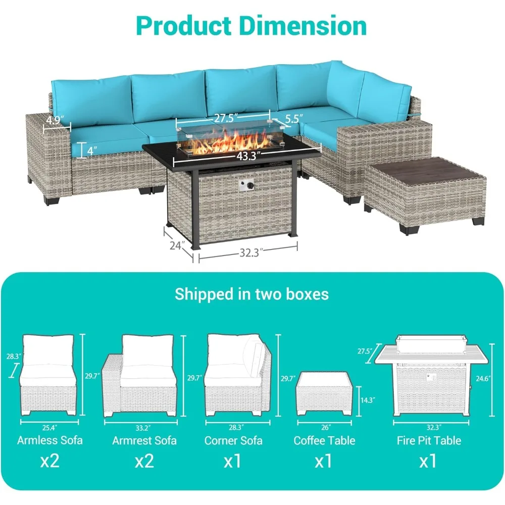 7-Piece Outdoor Patio Furniture Set with 55,000 BTU Fire Pit Table, PE Wicker Rattan Sectional Sofa Patio Conversation Set 2