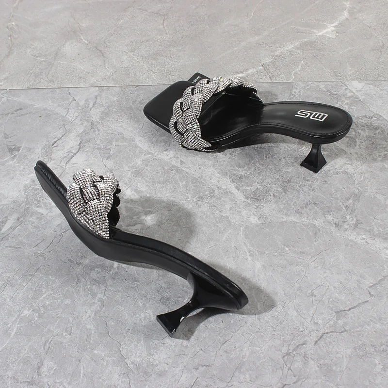 Women's Slippers 2024 Summer New Handmade Crystal Braided High Heels Sexy Stiletto Outside Fashion Women's Sandals 7CM