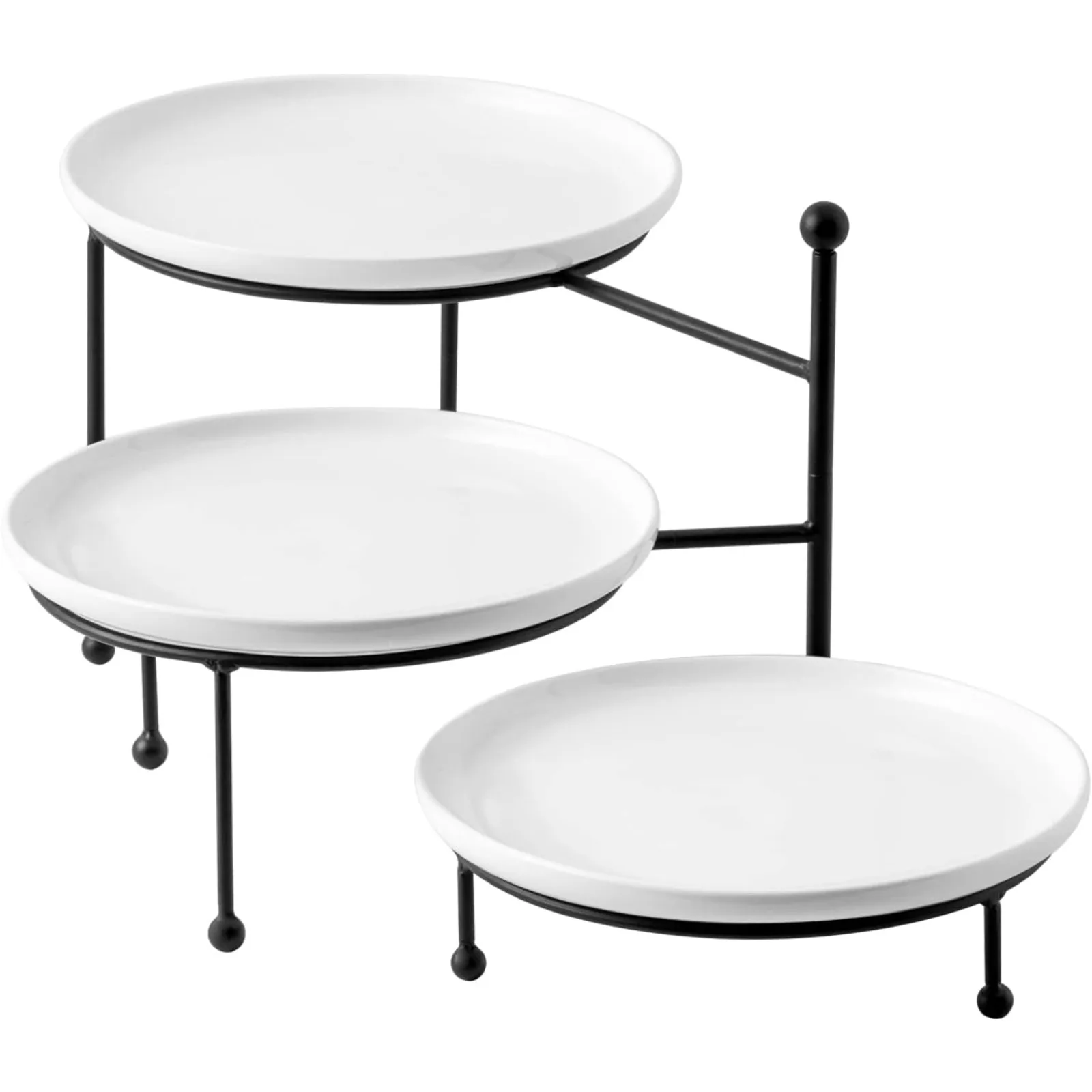 US 3 Tiered Serving Stand with White Porcelain Plates, Tiered Tray Stand, 10" x 10" Tier Serving Trays with Black Metal