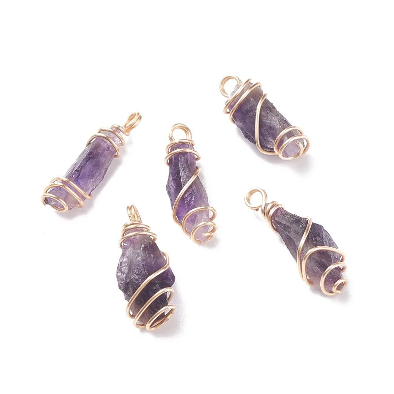 

50pcs Natural Irregular Raw Stone Amethyst Quartz Pendant Copper Wire Wrap Charms for Jewelry Making Accessory