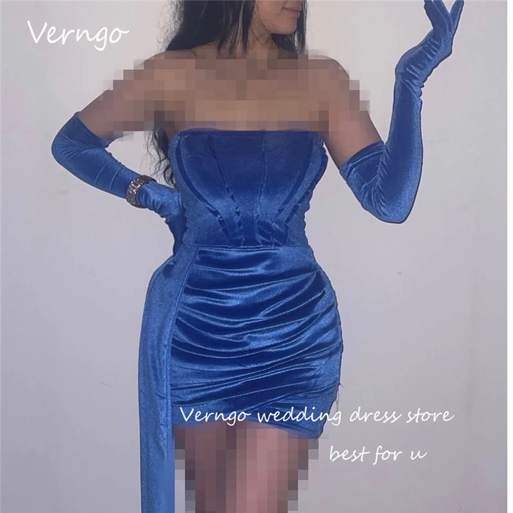 

Verngo Sexy Royal Blue Velvet Short Prom Party Dresses Strapless Boning Dubai African Cocktail Dress Club Night Gowns Gloves