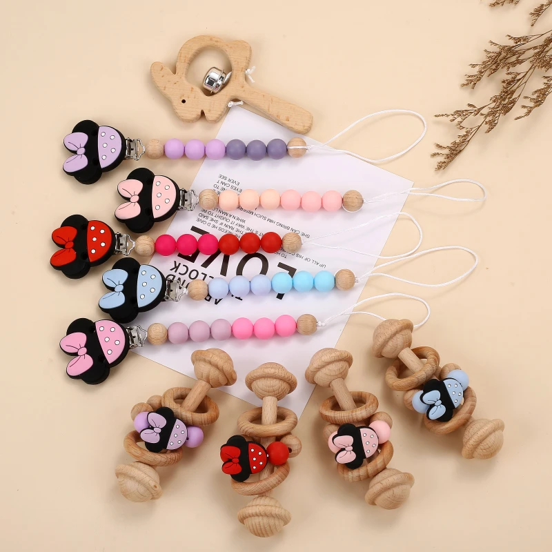 

Cartoon Animal Baby Dummy Holder Clip Pacifier Chain Baby Beech Wood Rattle Hand Bells Toys For Nursing Molar Teething Gift