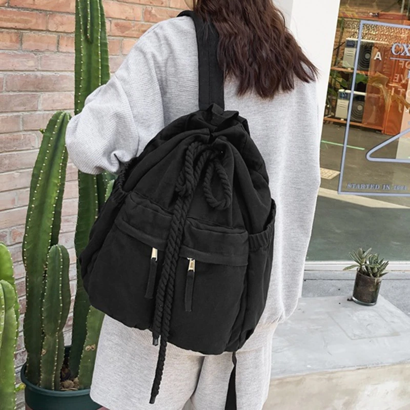 Fashion Vintage Backpack Women Canvas Mochila for Girls Bookbag College Rucksack Drawstring Bagpack Lady Leisure Shoulder Bag