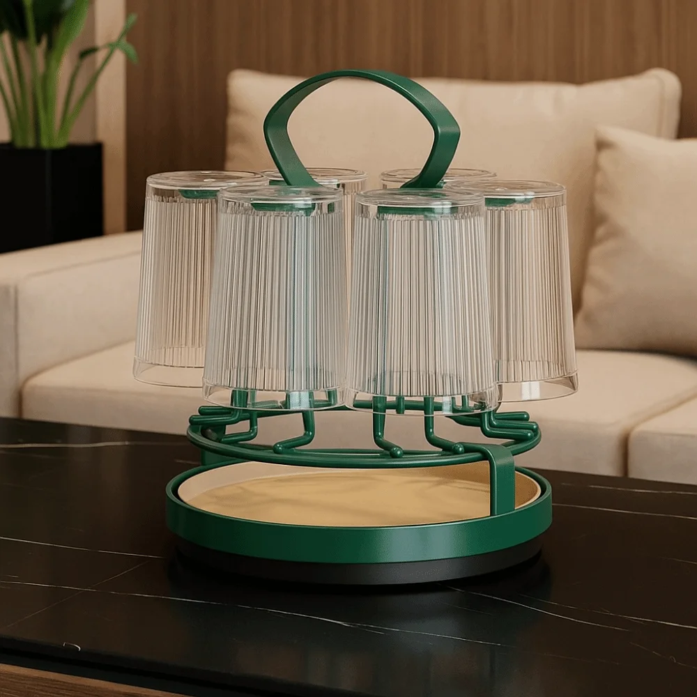 360° Rotation Cup Drain Rack 6 Hooks Space-saving Cup Drying Rack Large Capacity with Water Drain Tray