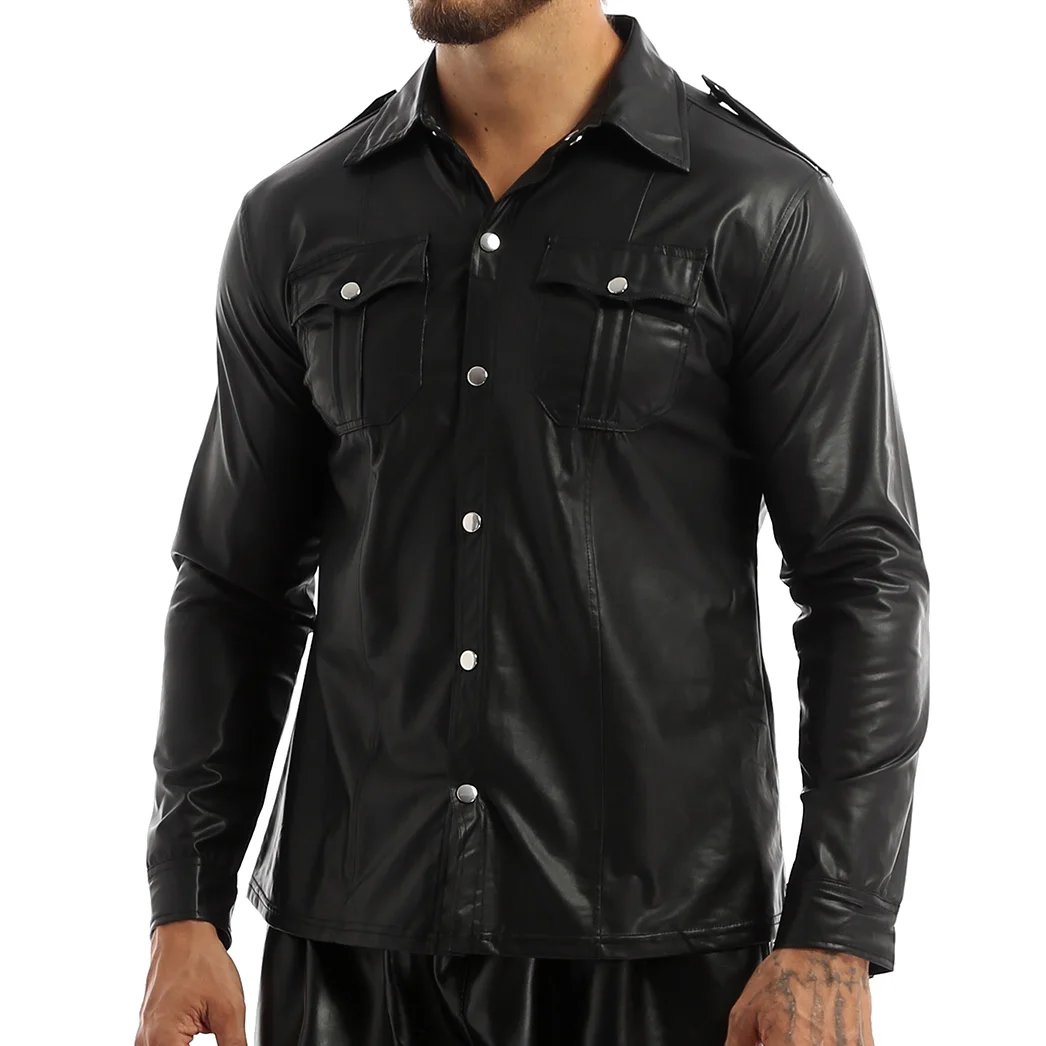 Men's Long Sleeve Fashion Leather Shirt Jacket