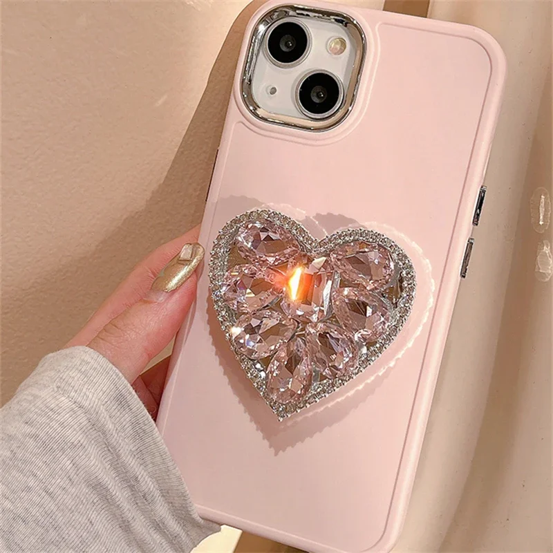 Chic Pink Diamond Heart Stand Phone Case - Easy Stand Soft Silicone Cover