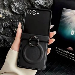 Premium 360 Rotating Magnetic Ring Holder Leather Phone Case - Galaxy Z Flip5 (Black)