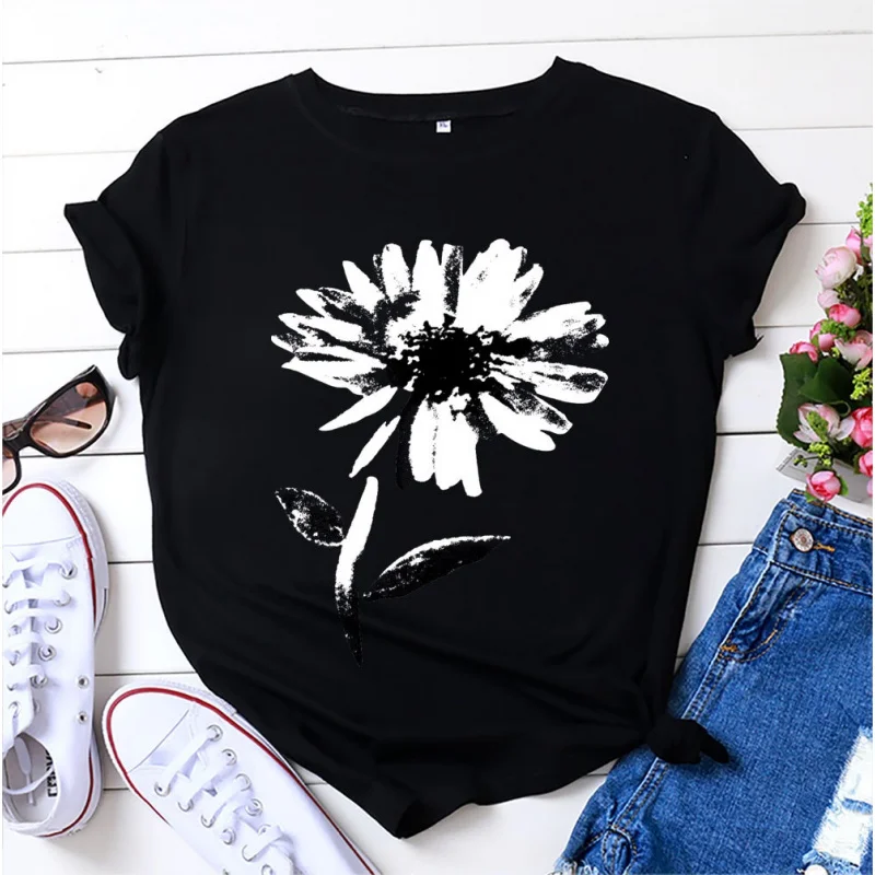 

Women summer top Floral plant pattern short sleeve t-shirt Women's cotton t-shirt Crop top women's oversize t-shirt