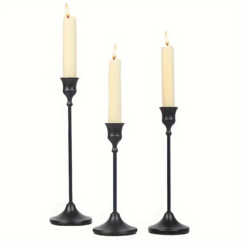 Set of 3 Romantic Metal Candle Holders-Matte Black Decorative Candle Bases for Christmas, Halloween, Easter