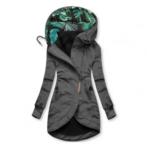 Fashion Casual Outerwear Streetwear Slim Long Hoodie Coat New Women Vintage Elegant Pocket Cardigan Printed Winter Zipper Jacket