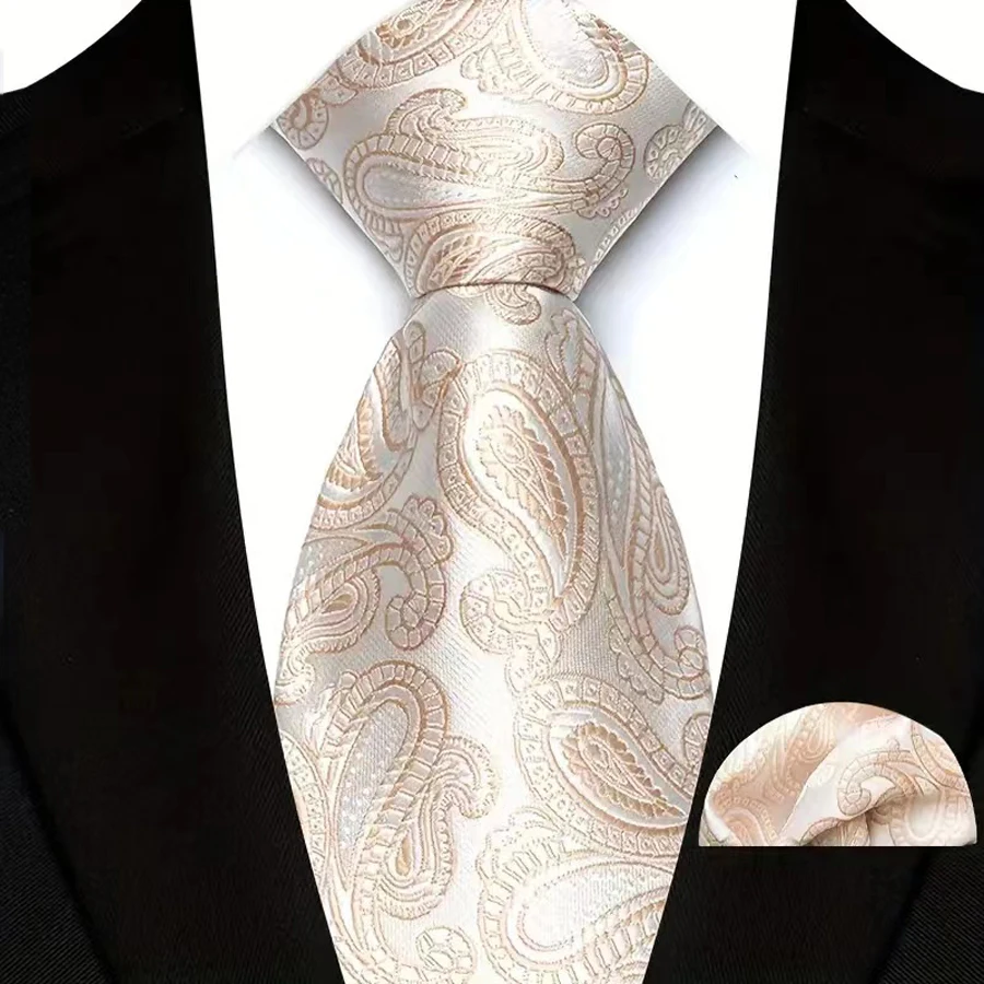Jacquard Dot Solid Beige Farbe Herren Krawatte Einstecktuch Set Designer Krawatte Taschentuch für Männer Hochzeit Business Party Events – Detail 12