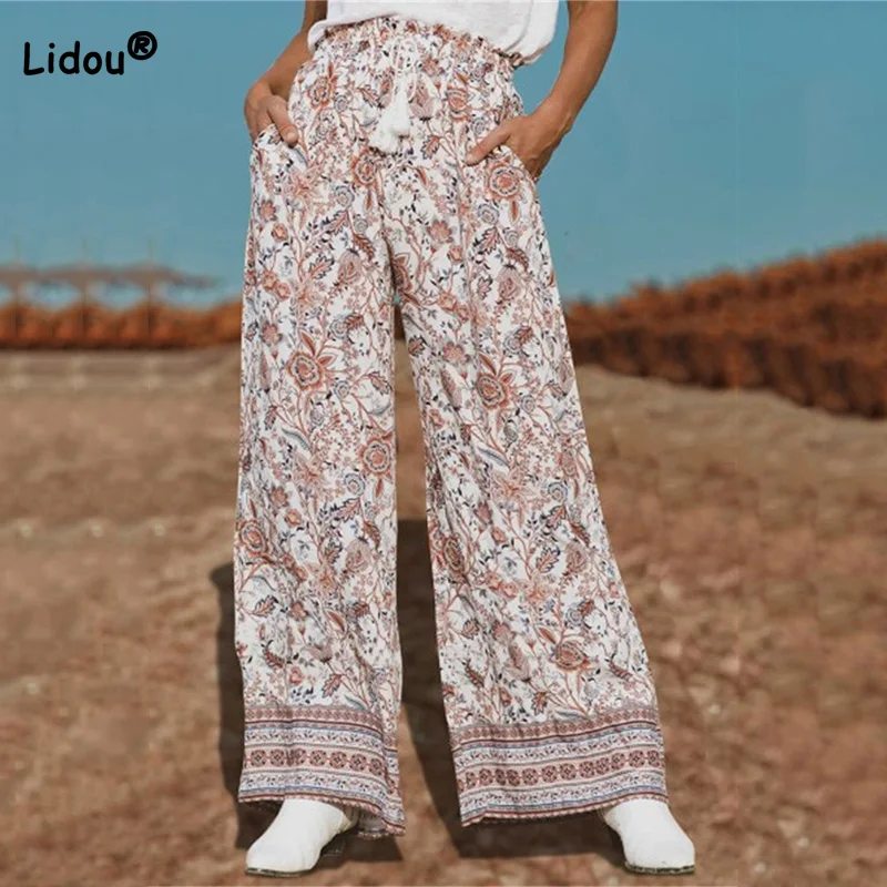 Casual Wide Leg for Pants Women 2022 Spring Summer New Pockets Lanyard Printing All-match Loose Mid Waist Trousers Trend Female