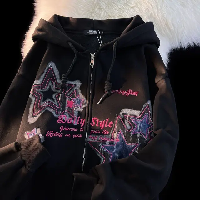 Aesthetic Star Print Cardigan Zip Up Sweatshirt Men Women Autumn Winter Loose Tide Brand Couple Hooded Zip Jacket Harajuku Y2k 1