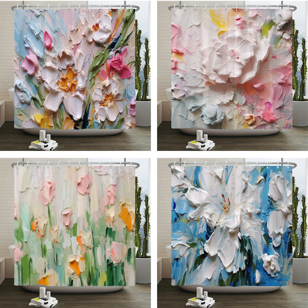 

Oil Painting Flowers Floral Shower Curtain Bathroom Curtain Living Room Decor Polyester Fabric Waterproof Curtain With Hooks