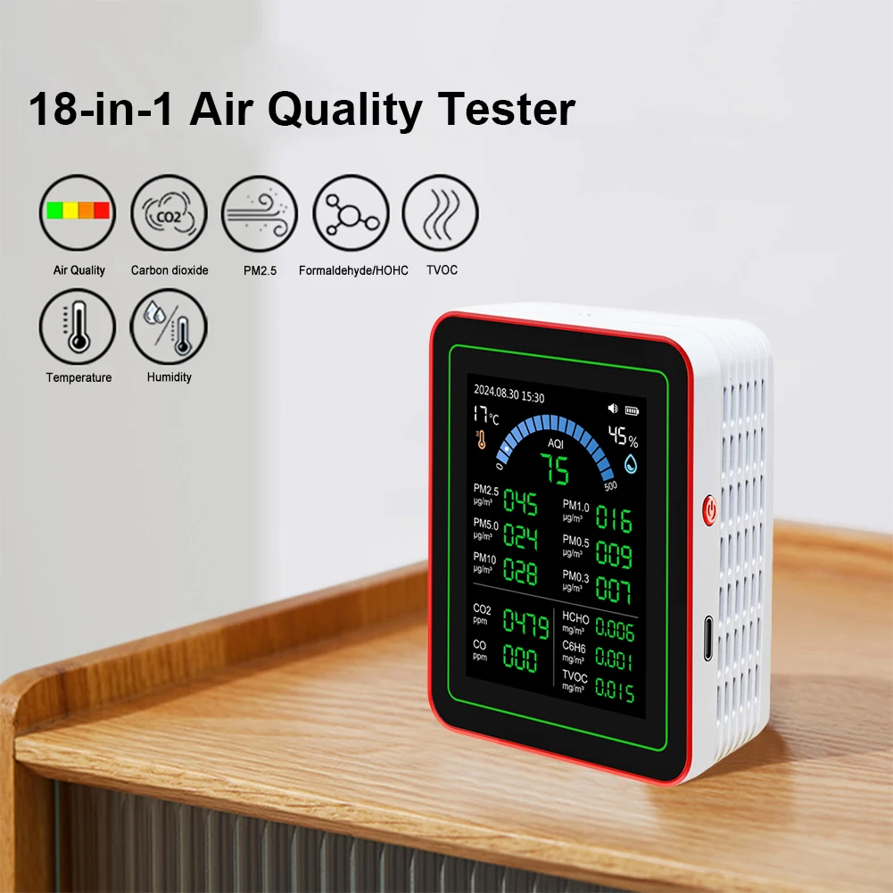 18-in-1 Air Quality Monitor with CO2 Monitor/HCHO/TVOC/Temperature/Humidity Indoor Real-Time Air Detector for Home Office School