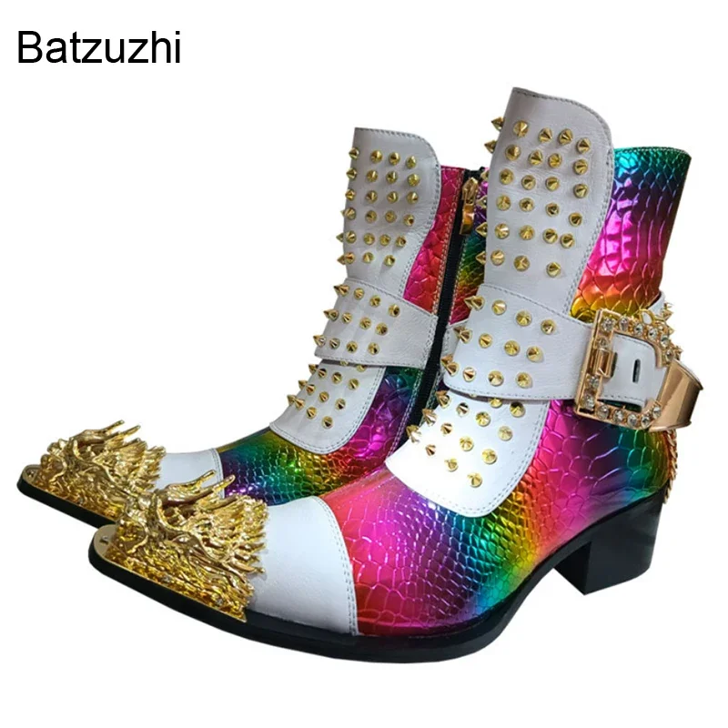 

Мужские Ботильоны Batzuzhi из натуральной кожи с металлическими заклепками, ручная работа, мужские ботинки с цепочками для мотоцикла/езды на велосипеде/Полуботинки