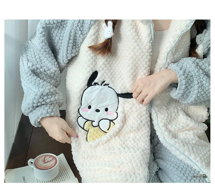 Pochacco Pajamas Kawaii Sanrio Cute Girl Coral Fleece Thicken Keep Warm Tracksuit Set